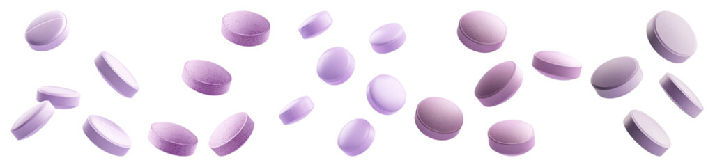 Obraz premium PNG Floating purple pills scattered, element set on transparent background