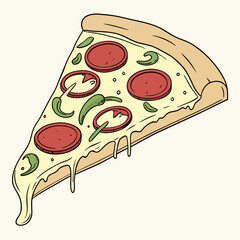 Delicious melted cheese pizza slice salami peppers