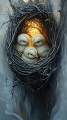 Three fluffy white owlets huddle together for warmth in a rustic, twig nest, backlit by a soft, golden light