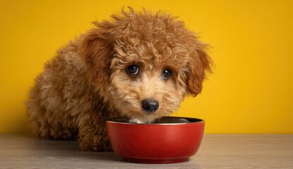Adorable curly-haired puppy eating from red bowl.
