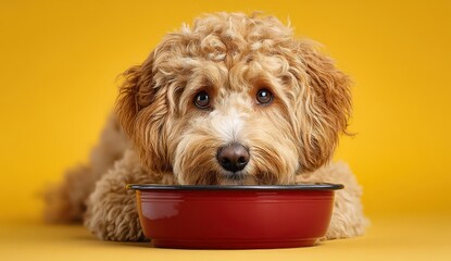 Adorable fluffy dog with paws on a red bowl.