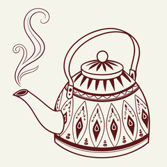 Ornate kettle with steam design element for tea time