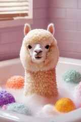 Fototapeta premium Llama takes a bubble bath in a pastel-colored bathroom full of colorful bath balls