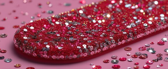Close-up of red sequins on pink surface.