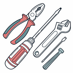 Hand drawn illustration of tools pliers screwdriver wrench awl
