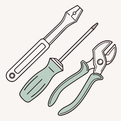 Hand drawn illustration of tools screwdriver pliers wire cutters