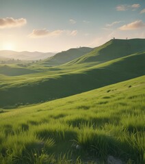 Rolling hills of emerald grass, soft light, peaceful scene , idyllic, tranquil