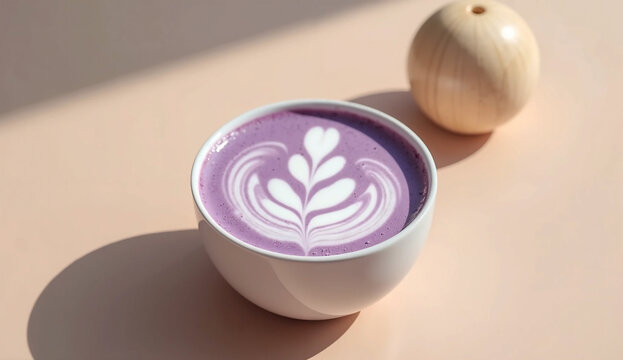 Ube Latte with Intricate Latte Art in Natural Sunlight on Minimalist Neutral Tabletop