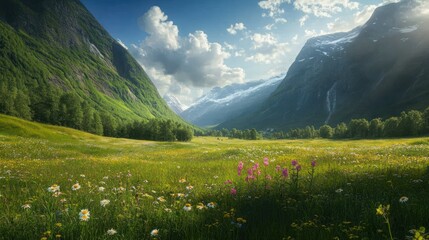 Obraz premium Lush meadow with flowers nestled between mountains, under a sunny sky.