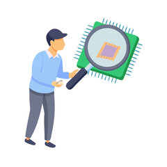 Man inspecting microchip with magnifying glass on white background