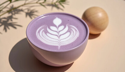 Ube Latte with Intricate Latte Art in Natural Sunlight on Minimalist Neutral Tabletop