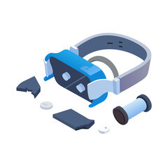 Disassembled virtual reality headset parts isolated on white background