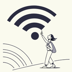 Woman walking towards large wifi symbol digital nomad travel
