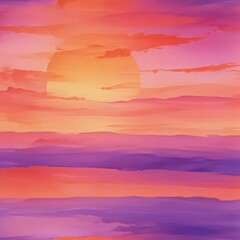 Abstract watercolor sunset, vibrant orange and purple hues blend seamlessly , horizon, cloud, heat