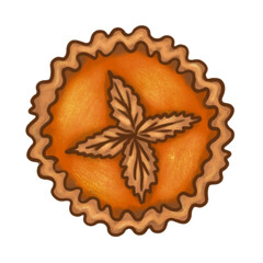 A whimsical illustration of a pumpkin pie with a stylized four-leaf clover design, featuring a textured, hand-drawn aesthetic and warm autumnal colors.