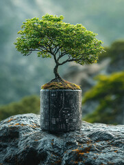 Tiny Tree On Cut Rock Base