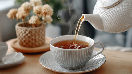 Pouring Hot Tea into Elegant Cup on Wooden Table with Cozy Decor