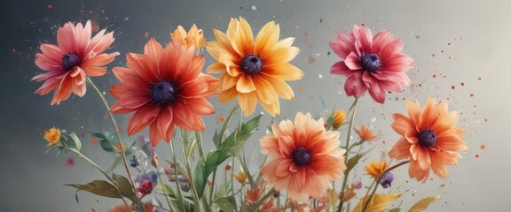 Exploding watercolor flowers, rich color palette,  painting,  colorful illustration,  background