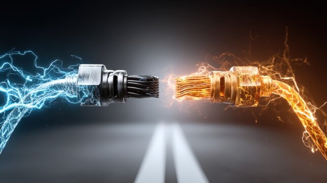 Electric current flows as blue and orange cables meet on a glowing futuristic road