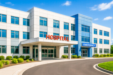 Modern hospital building with emergency entrance on a sunny day