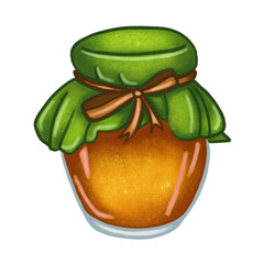 Hand-drawn illustration of a honey jar with a green fabric lid tied with a brown ribbon, showcasing a rustic and charming design.