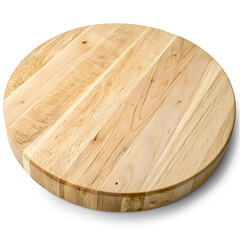 A round, light beige wooden cutting board isolated on white or transparent background