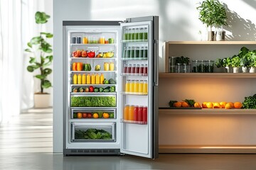 Healthy fridge stocked with fruits, vegetables, and juices