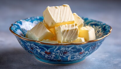 Creamy butter cubes in ornate blue bowl.