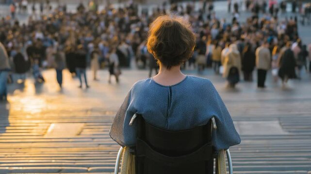 A woman in a wheelchair faces an inaccessible staircase in a city square