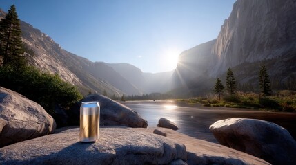 Scenic mountain view with beer can on rock, sunrise light, wild landscape, camping feel