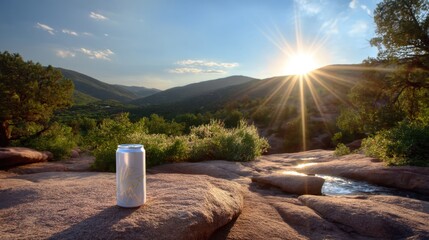 Scenic mountain view with beer can on rock, sunrise light, wild landscape, camping feel