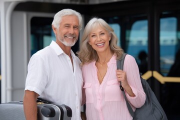 Senior couple boarding cruise ship, happy expressions, luggage in hand