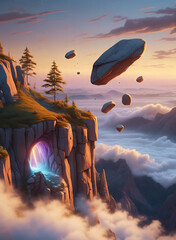 A mystical mountain landscape with floating rocks and a glowing portal on a cliff edge, surrounded by soft clouds and distant celestial lights, viewed during twilight