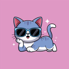 Cool Cartoon Cat with Sunglasses Lying Down Cute Vector Illustration