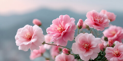Soft pink flowers in full bloom against a blurred, natural background.