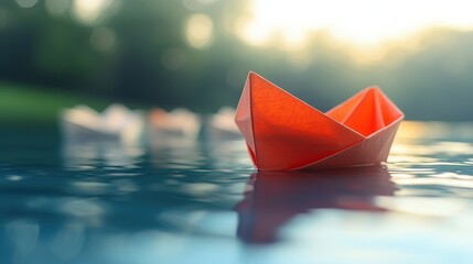 Pink origami boat on water