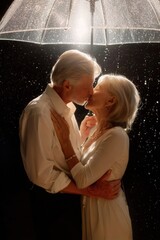 Senior couple kissing in rain under umbrella, soft lighting, emotional atmosphere