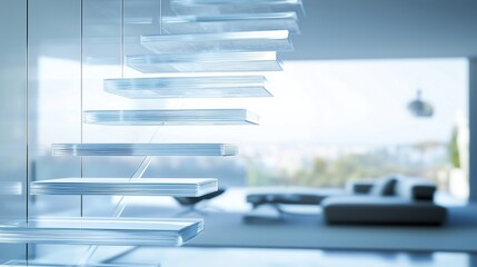 Ice-clear floating steps and a near-invisible chrome handrail rise in a calm interior, capturing serenity and balance in a minimalist setting.