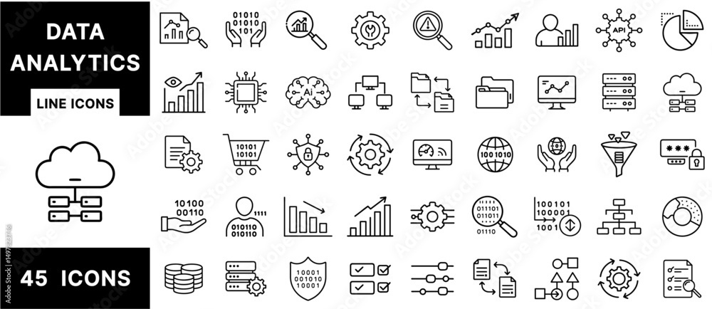 Poster Data Analytics Line Icons Set – AI, Big Data, Charts, Cloud Storage, Cybersecurity, Statistics, Dashboard, Database, and Visualization Symbols for Digital Design