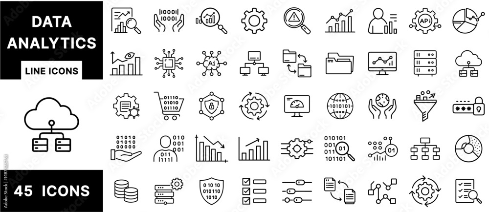 Poster Data Analytics Line Icons Set – AI, Big Data, Charts, Cloud Storage, Cybersecurity, Statistics, Dashboard, Database, and Visualization Symbols for Digital Design