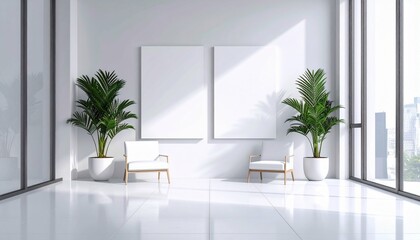 Naklejka premium Minimalist Interior White Chairs Plants and Blank Canvas