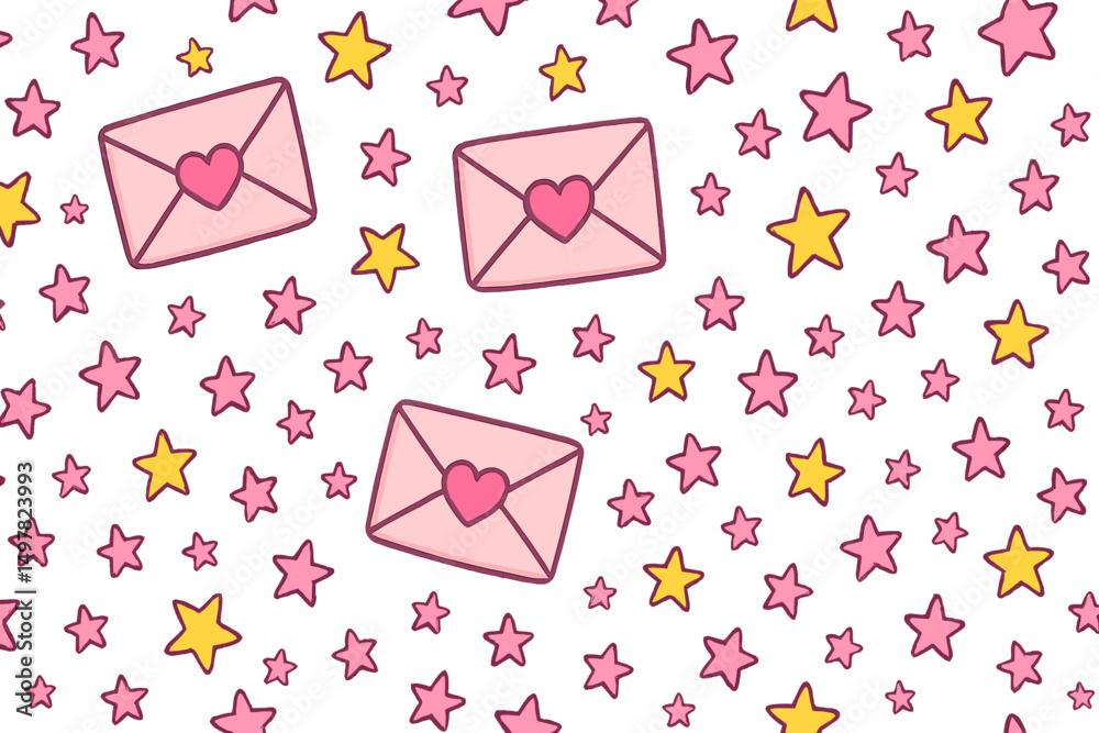 Fototapete colorful envelope pattern with hearts and stars on a white background showcasing a playful design
