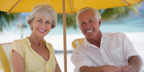 Senior couple sitting on beach chairs, umbrella above, smiling, tropical background