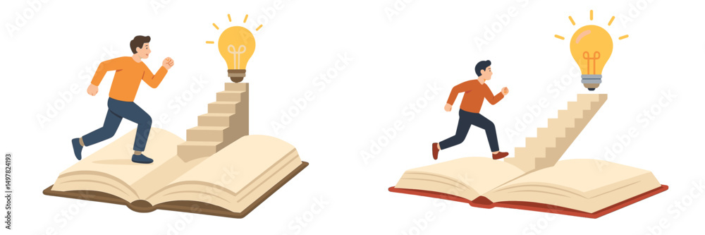 Poster people running up stairs in books, symbolizing knowledge and inspiration during a creative learning 