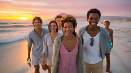 Delighted friends enjoying a beach sunset with ice cream in summer - Powered by Adobe