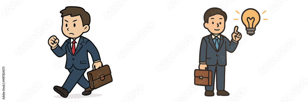 Poster businessman walking determinedly while another businessman has a bright idea with a light bulb in ha