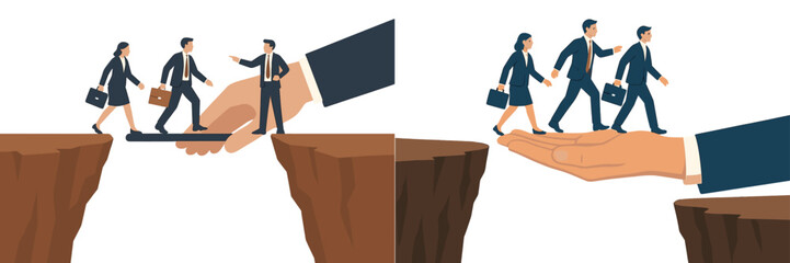 Business teamwork bridge crossing concept demonstrating support in overcoming challenges in a professional environment