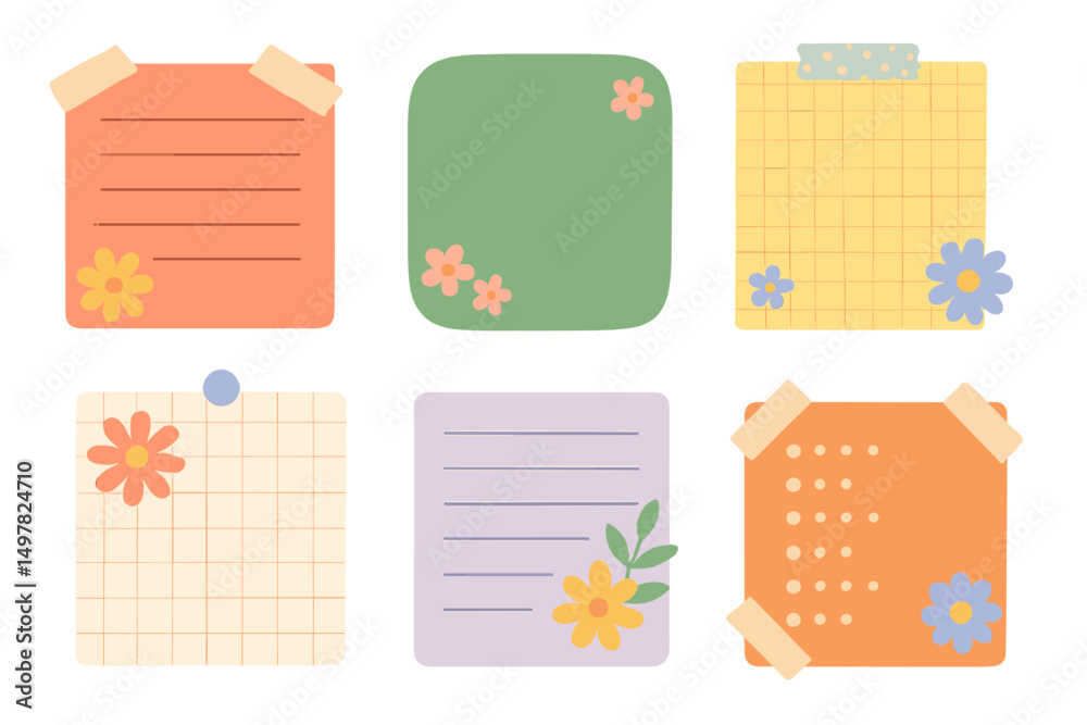 Poster colorful decorative sticky notes arranged in a grid pattern featuring flowers and various designs su