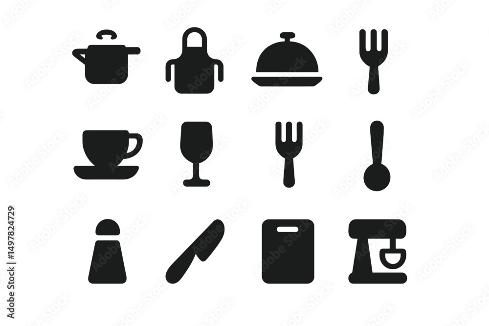 Poster kitchen utensils and dining elements illustrated with simple silhouettes, suitable for culinary desi