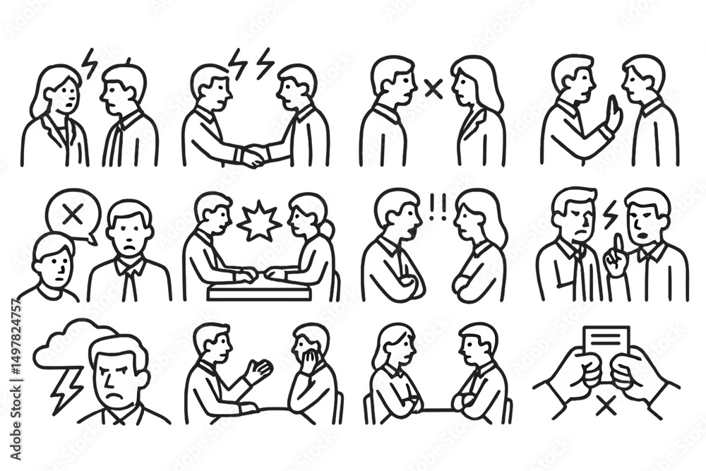Poster illustrations of various communication scenarios depicting conflicts, resolutions, and interpersonal
